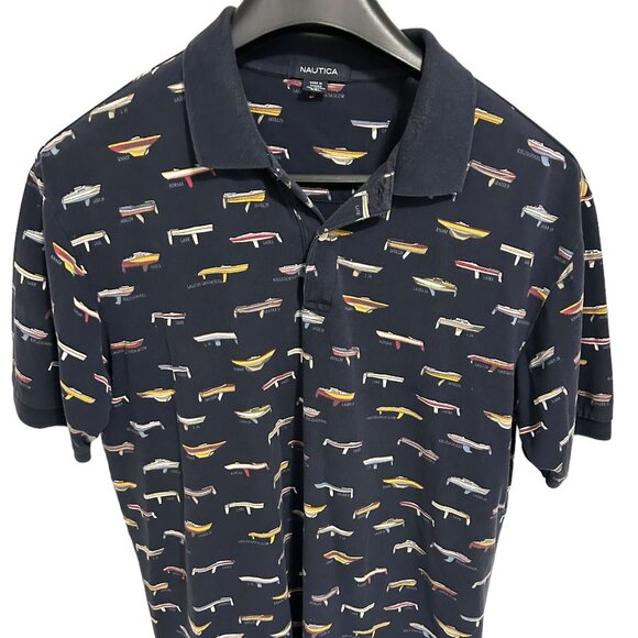 Vintage Nautica Polo Shirt Mens XXL Boats All Over Print Dark Blue Boating - Picture 1 of 7
